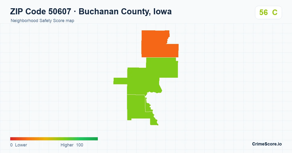 ZIP Code 50607 in Buchanan County, Iowa neighborhood Safety Score map