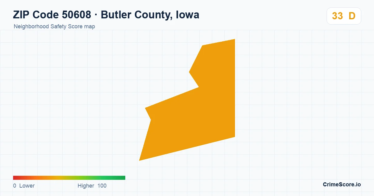 ZIP Code 50608 in Butler County, Iowa neighborhood Safety Score map