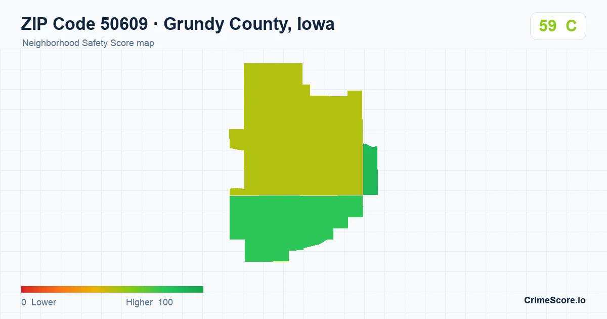 ZIP Code 50609 in Grundy County, Iowa neighborhood Safety Score map