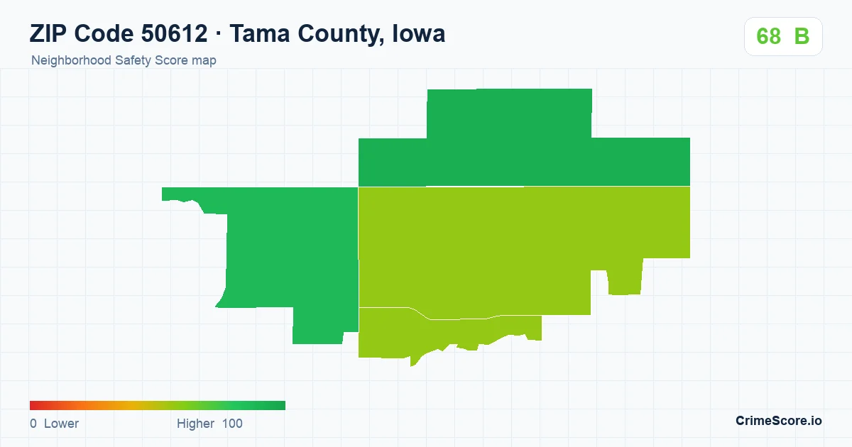 ZIP Code 50612 in Tama County, Iowa neighborhood Safety Score map