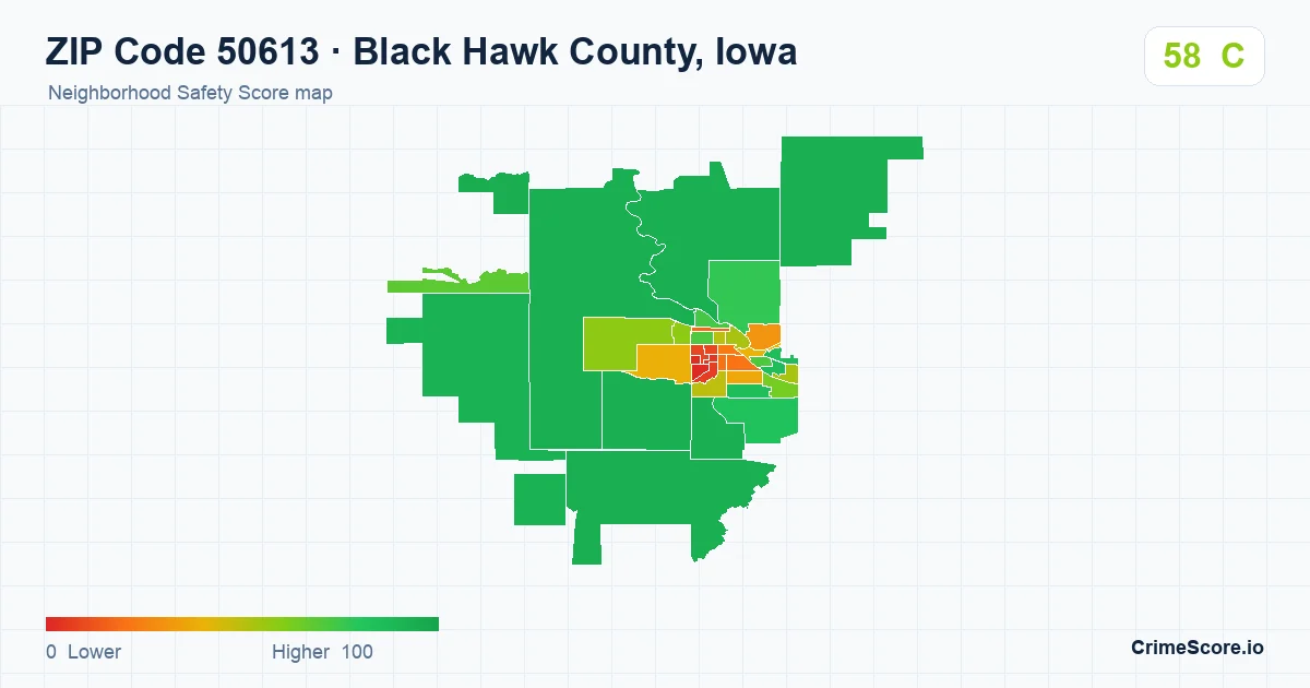 ZIP Code 50613 in Black Hawk County, Iowa neighborhood Safety Score map