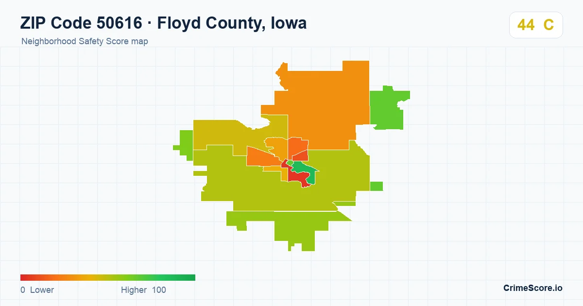 ZIP Code 50616 in Floyd County, Iowa neighborhood Safety Score map