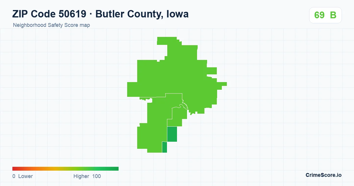 ZIP Code 50619 in Butler County, Iowa neighborhood Safety Score map