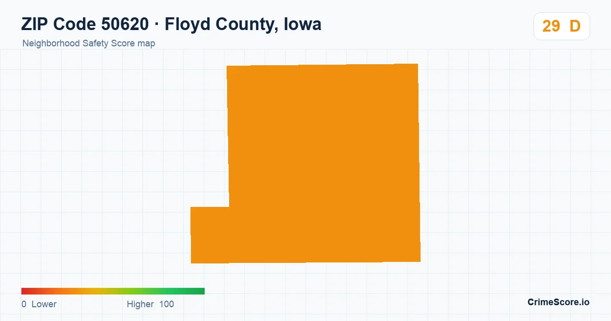 ZIP Code 50620 in Floyd County, Iowa neighborhood Safety Score map