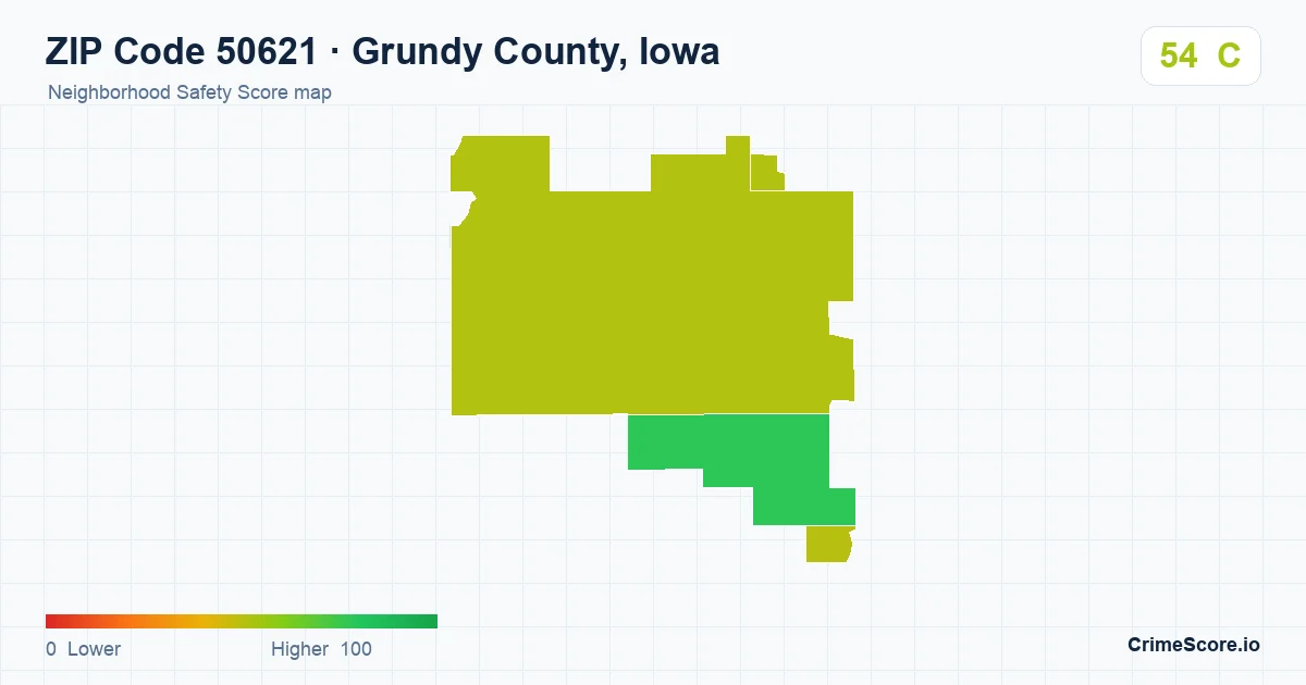 ZIP Code 50621 in Grundy County, Iowa neighborhood Safety Score map