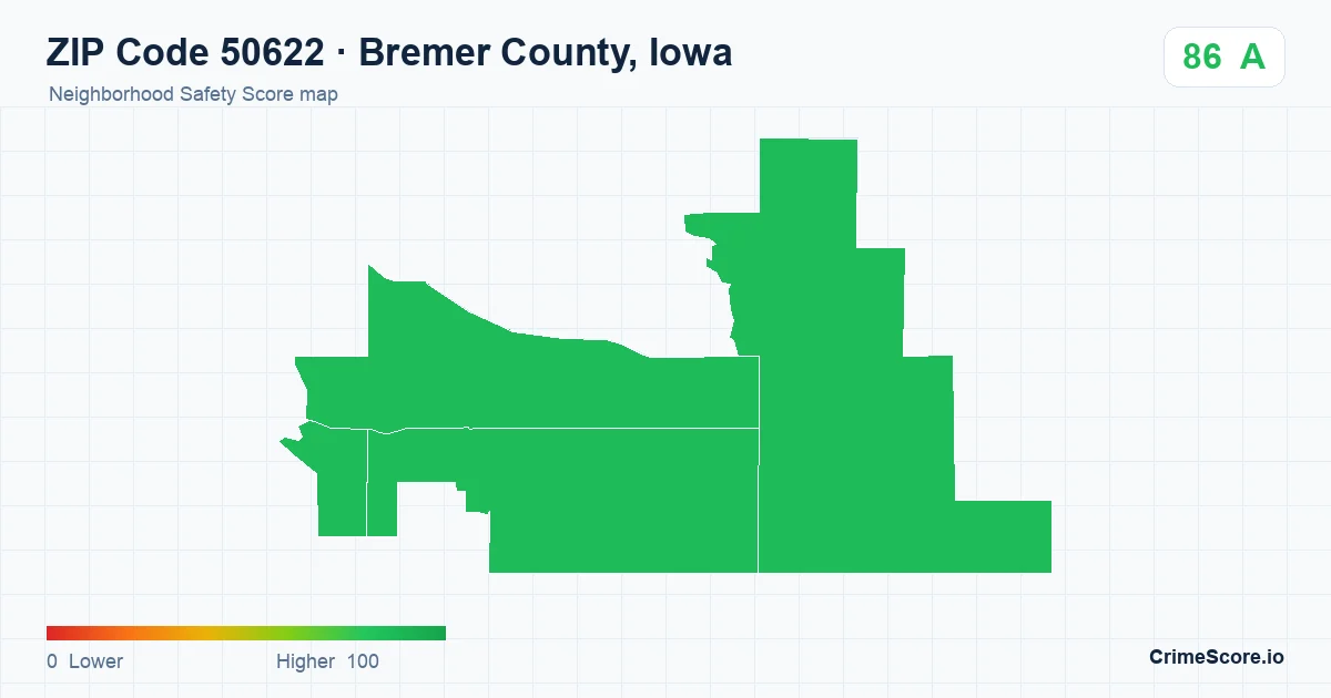 ZIP Code 50622 in Bremer County, Iowa neighborhood Safety Score map