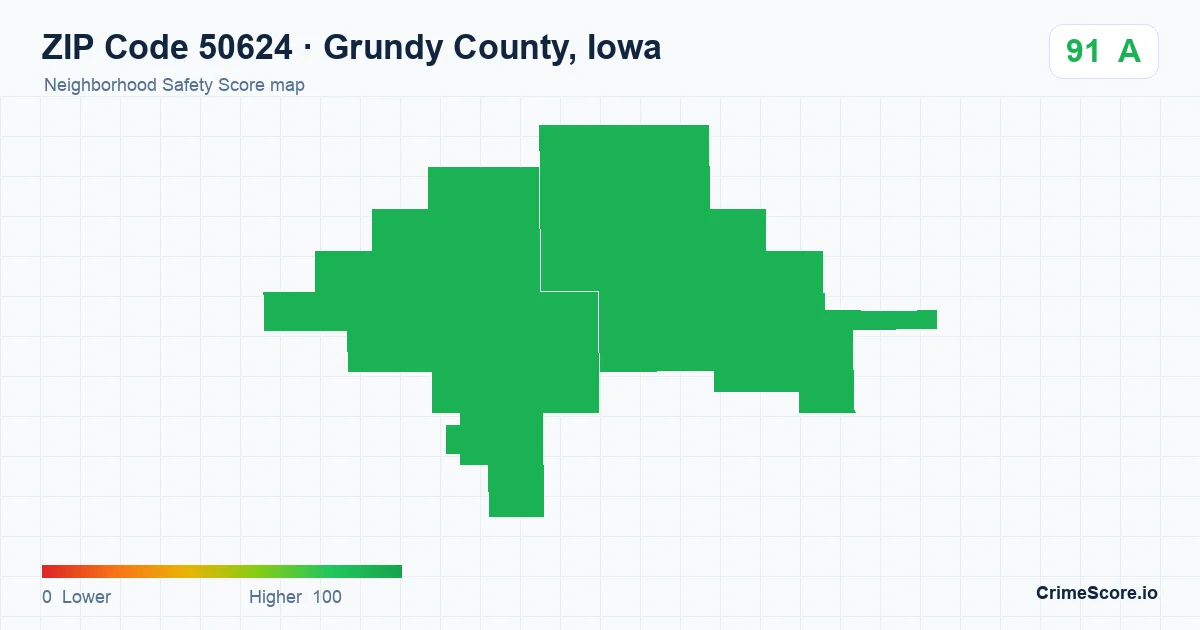 ZIP Code 50624 in Grundy County, Iowa neighborhood Safety Score map
