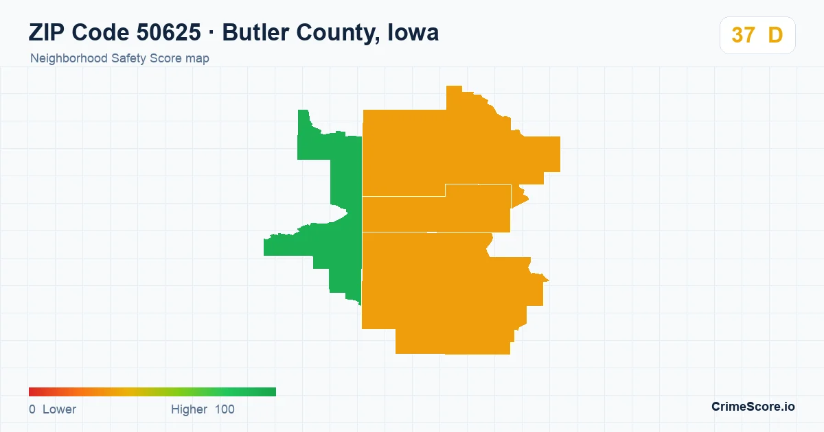 ZIP Code 50625 in Butler County, Iowa neighborhood Safety Score map