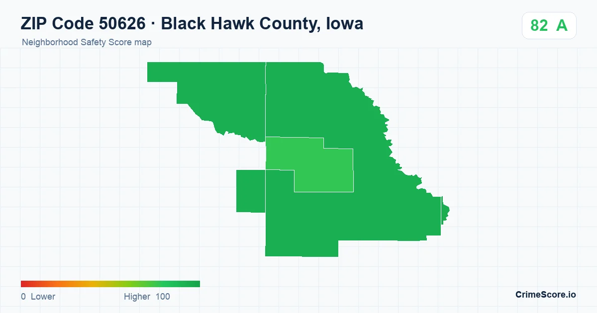 ZIP Code 50626 in Black Hawk County, Iowa neighborhood Safety Score map