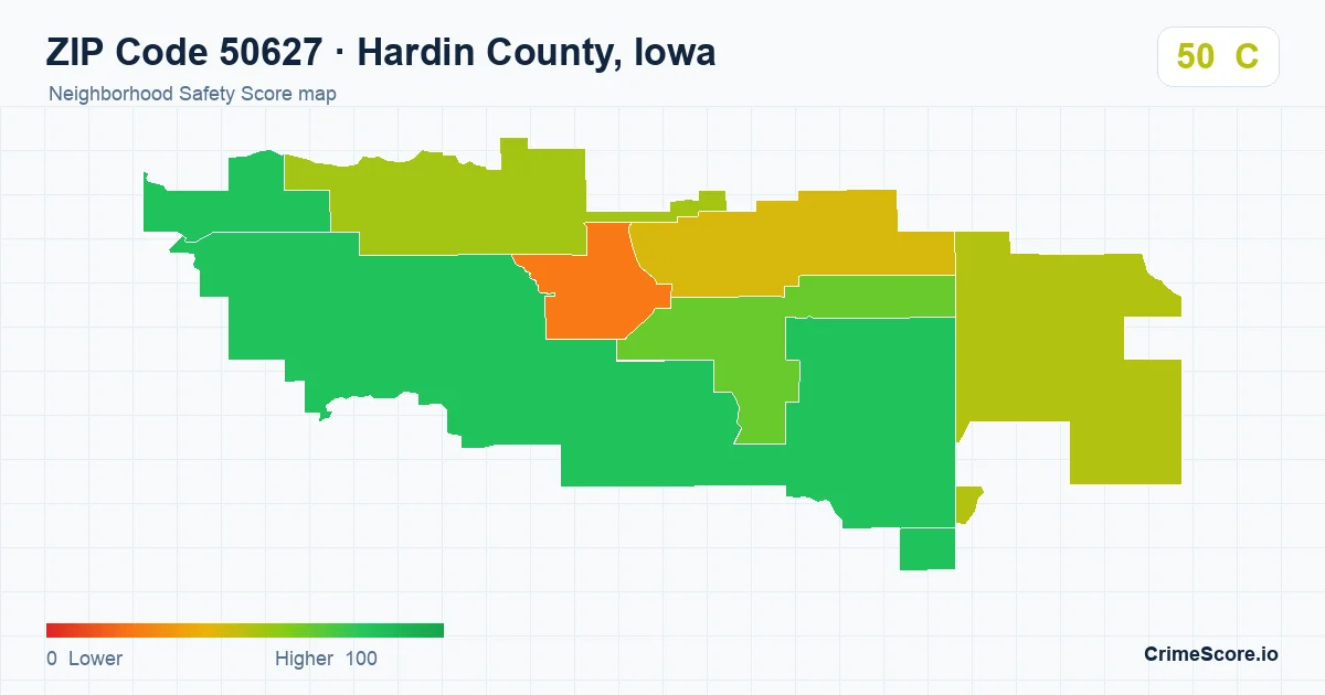ZIP Code 50627 in Hardin County, Iowa neighborhood Safety Score map