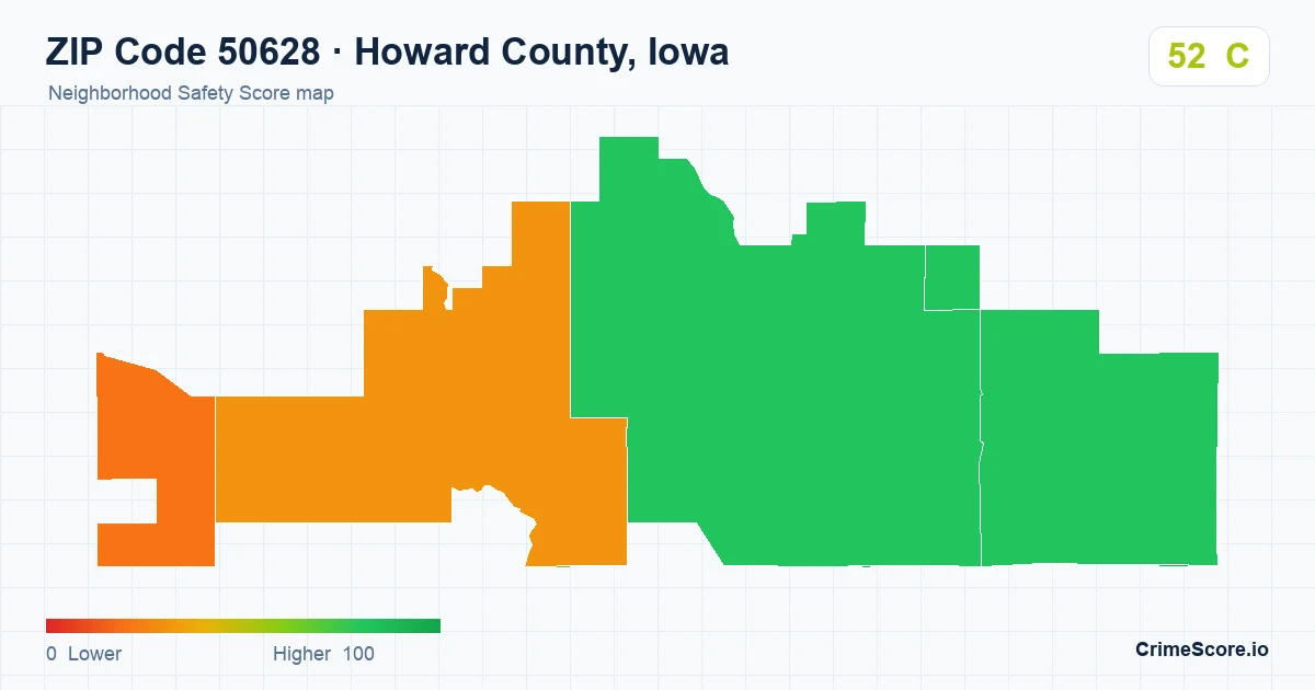 ZIP Code 50628 in Howard County, Iowa neighborhood Safety Score map