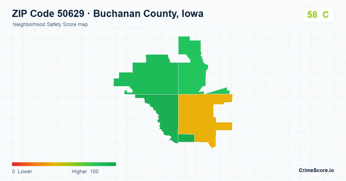 ZIP Code 50629 in Buchanan County, Iowa neighborhood Safety Score map