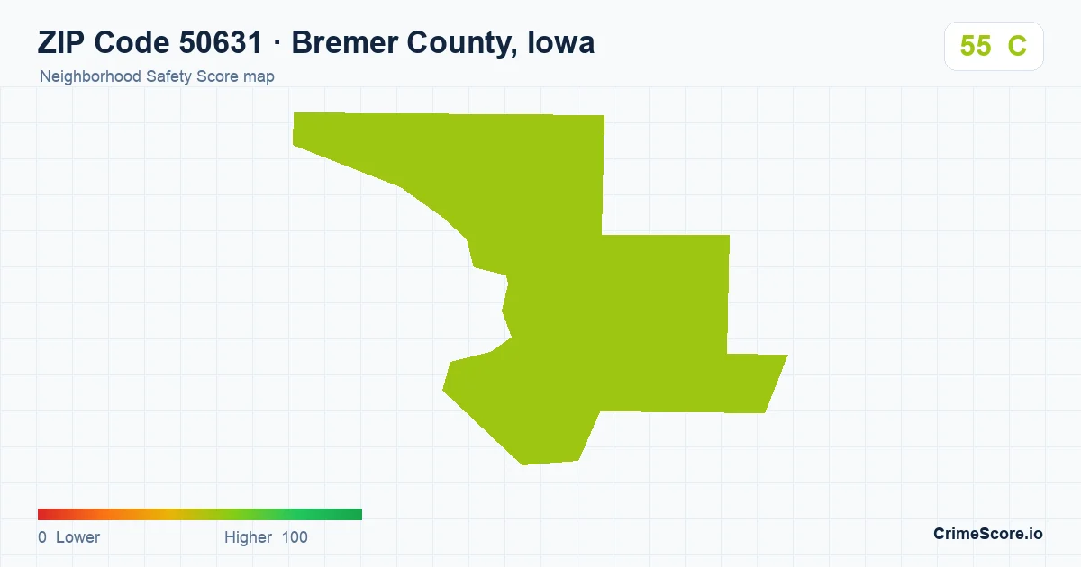 ZIP Code 50631 in Bremer County, Iowa neighborhood Safety Score map