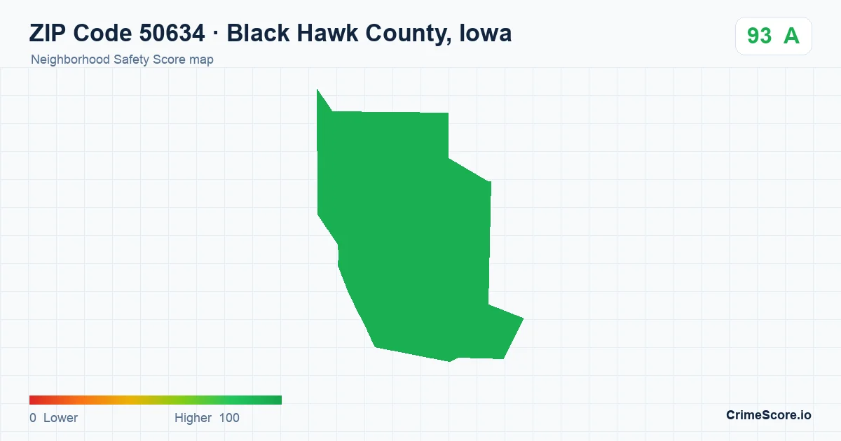 ZIP Code 50634 in Black Hawk County, Iowa neighborhood Safety Score map
