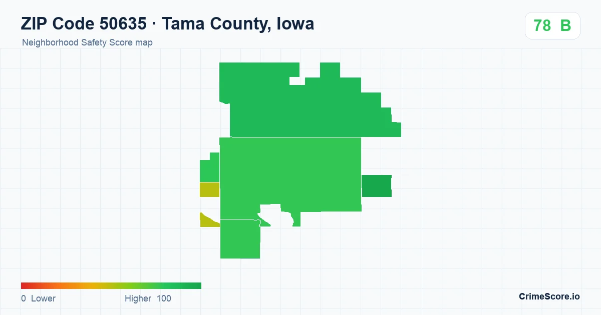 ZIP Code 50635 in Tama County, Iowa neighborhood Safety Score map