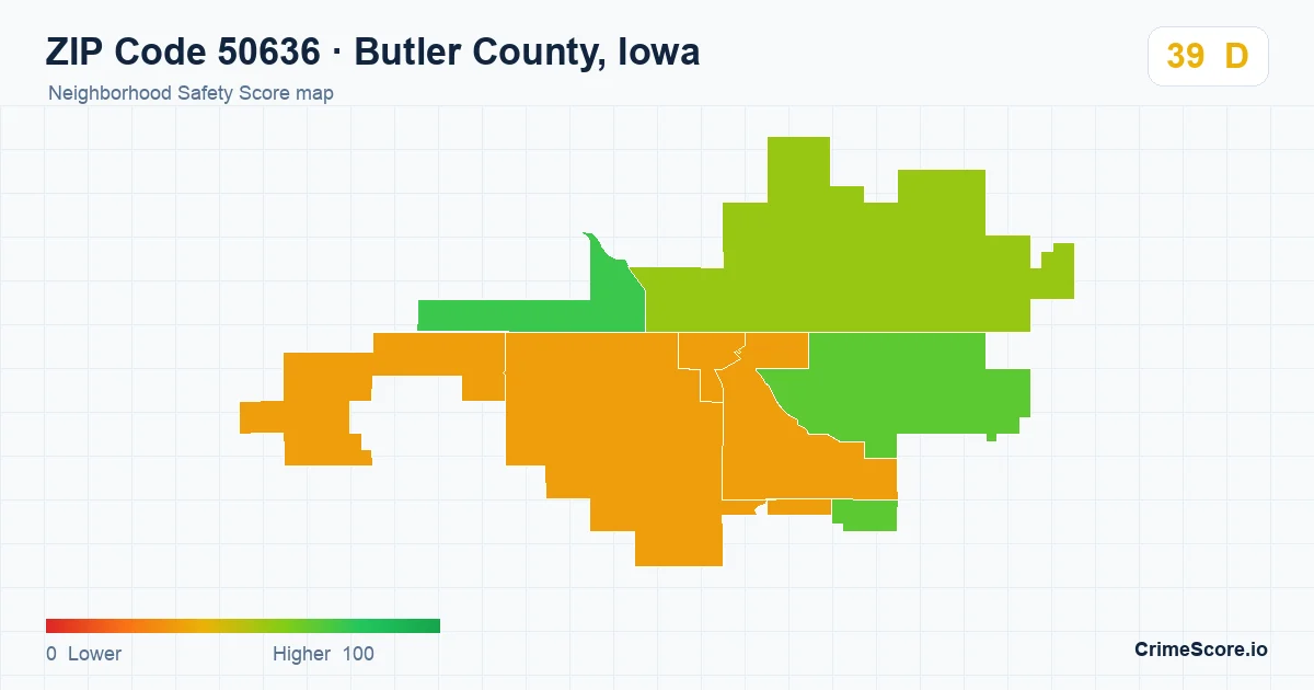 ZIP Code 50636 in Butler County, Iowa neighborhood Safety Score map