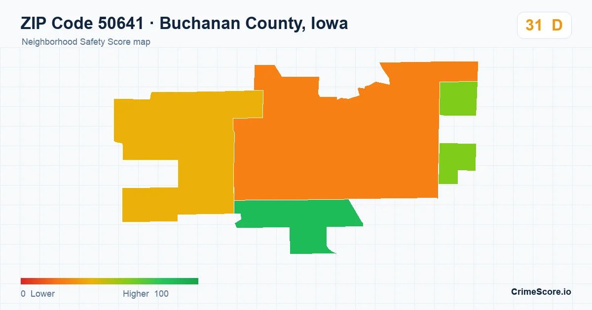 ZIP Code 50641 in Buchanan County, Iowa neighborhood Safety Score map