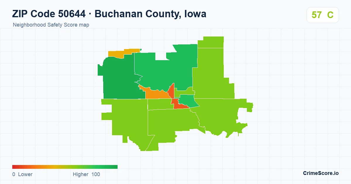 ZIP Code 50644 in Buchanan County, Iowa neighborhood Safety Score map