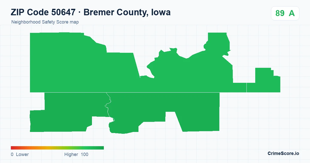 ZIP Code 50647 in Bremer County, Iowa neighborhood Safety Score map