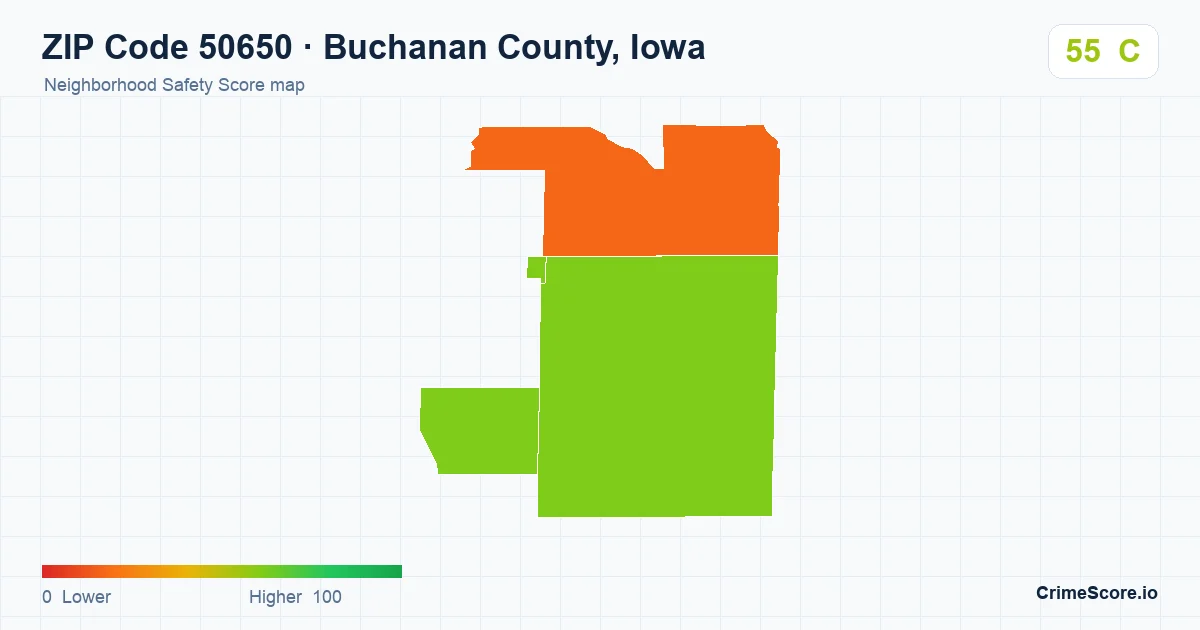 ZIP Code 50650 in Buchanan County, Iowa neighborhood Safety Score map