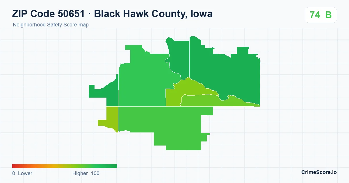 ZIP Code 50651 in Black Hawk County, Iowa neighborhood Safety Score map