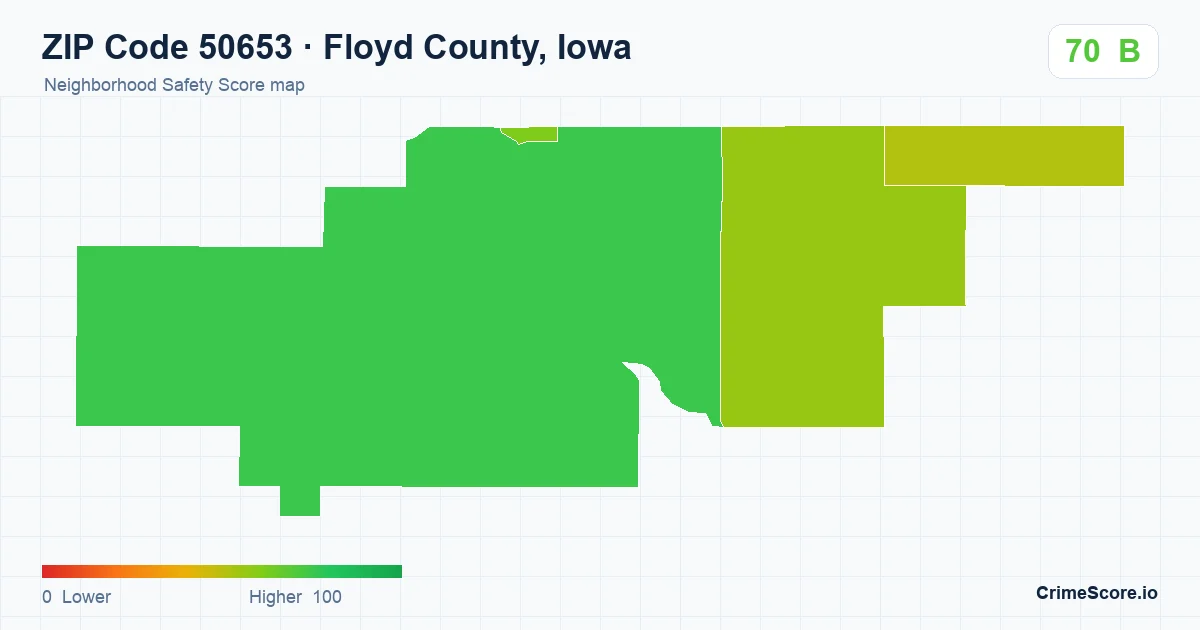ZIP Code 50653 in Floyd County, Iowa neighborhood Safety Score map