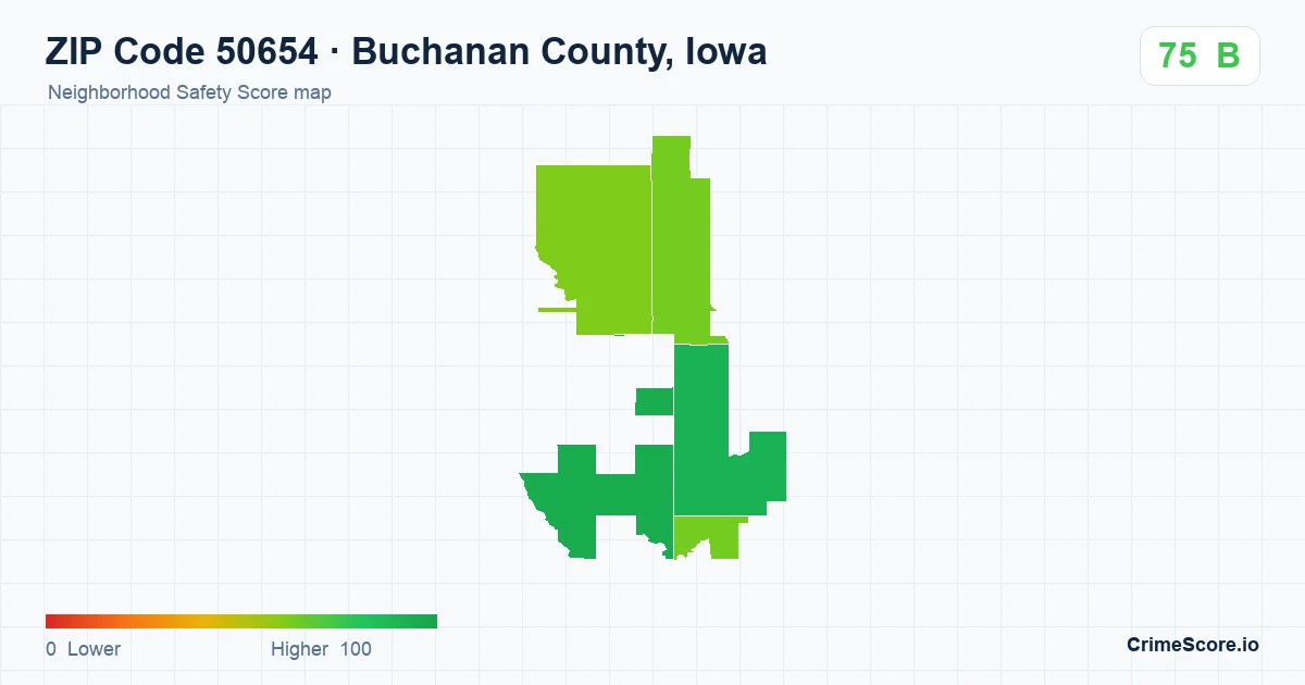 ZIP Code 50654 in Buchanan County, Iowa neighborhood Safety Score map