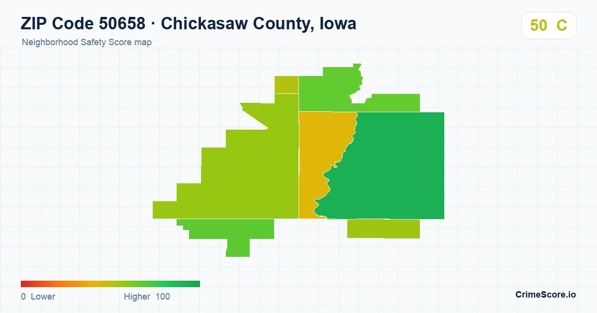 ZIP Code 50658 in Chickasaw County, Iowa neighborhood Safety Score map