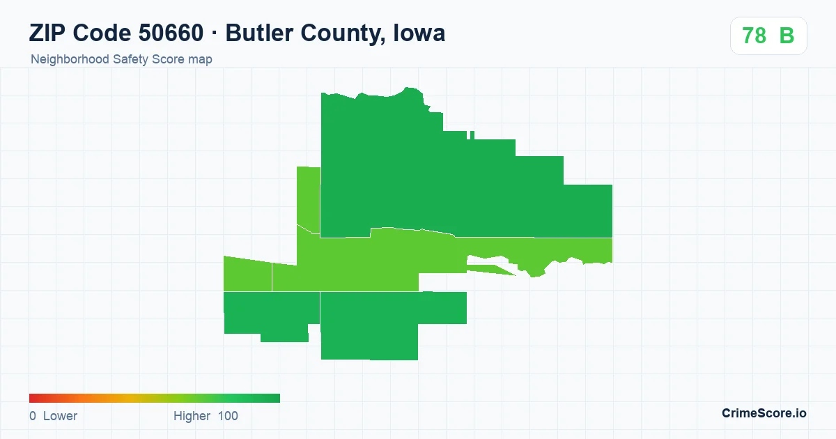 ZIP Code 50660 in Butler County, Iowa neighborhood Safety Score map
