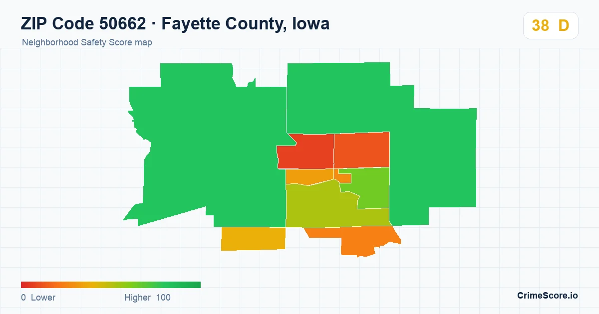 ZIP Code 50662 in Fayette County, Iowa neighborhood Safety Score map