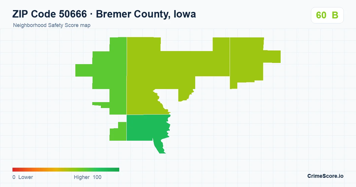 ZIP Code 50666 in Bremer County, Iowa neighborhood Safety Score map