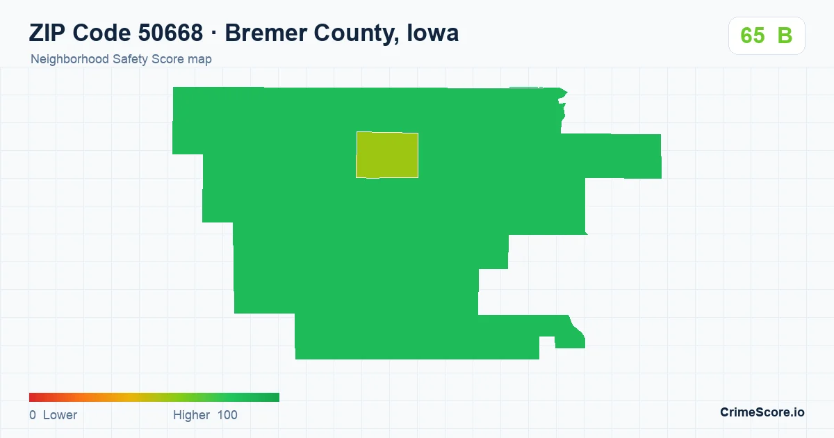 ZIP Code 50668 in Bremer County, Iowa neighborhood Safety Score map