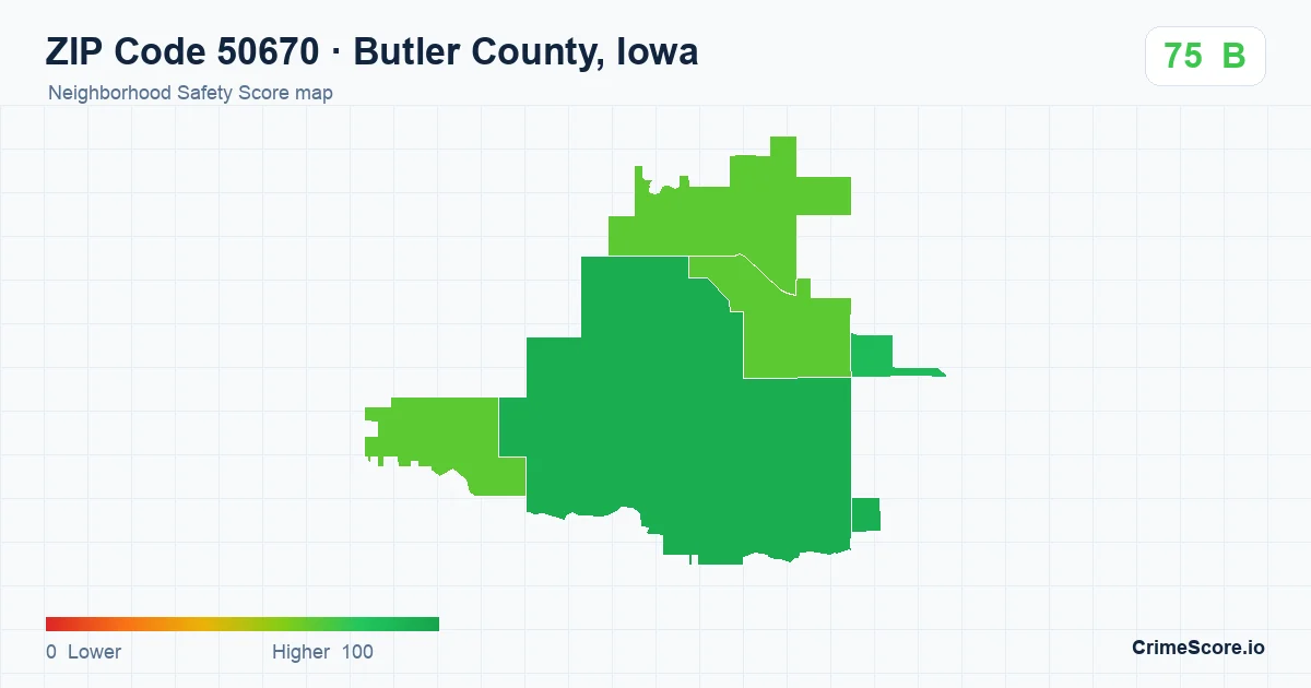 ZIP Code 50670 in Butler County, Iowa neighborhood Safety Score map