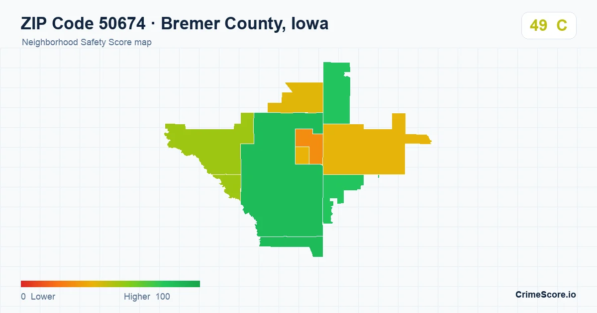 ZIP Code 50674 in Bremer County, Iowa neighborhood Safety Score map