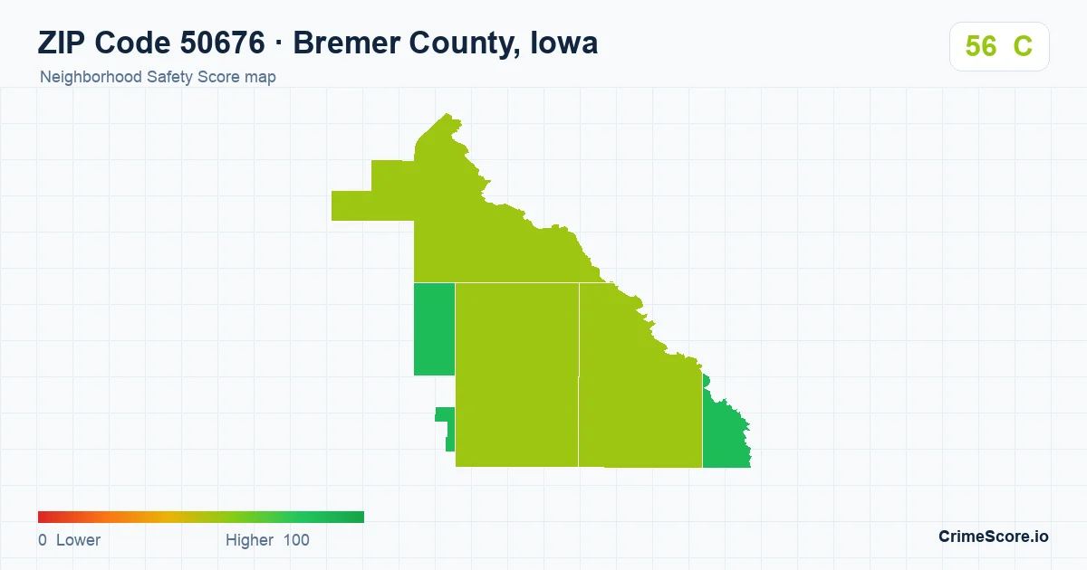 ZIP Code 50676 in Bremer County, Iowa neighborhood Safety Score map