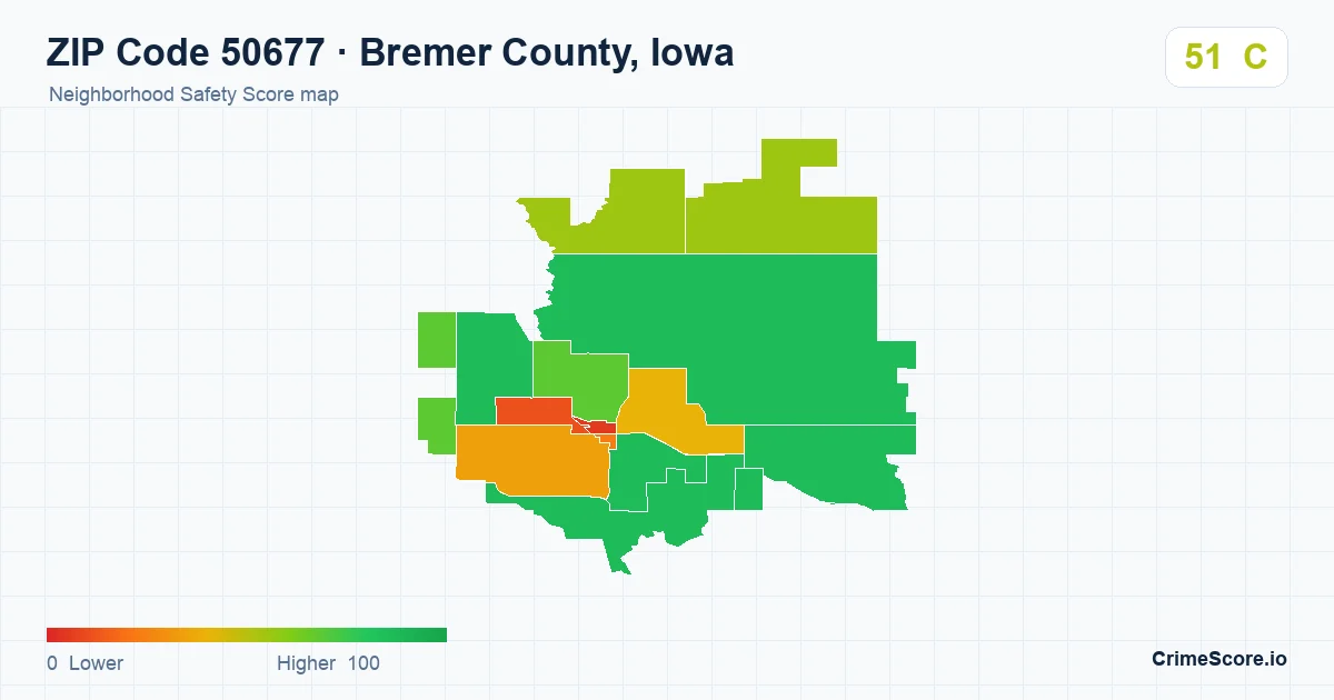 ZIP Code 50677 in Bremer County, Iowa neighborhood Safety Score map