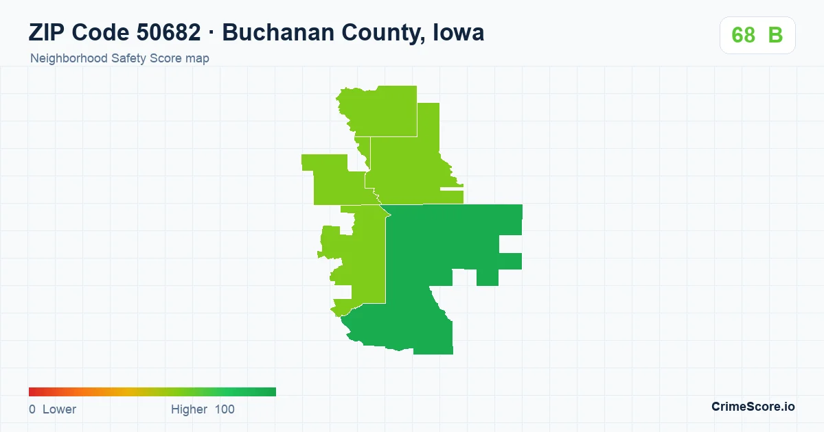 ZIP Code 50682 in Buchanan County, Iowa neighborhood Safety Score map