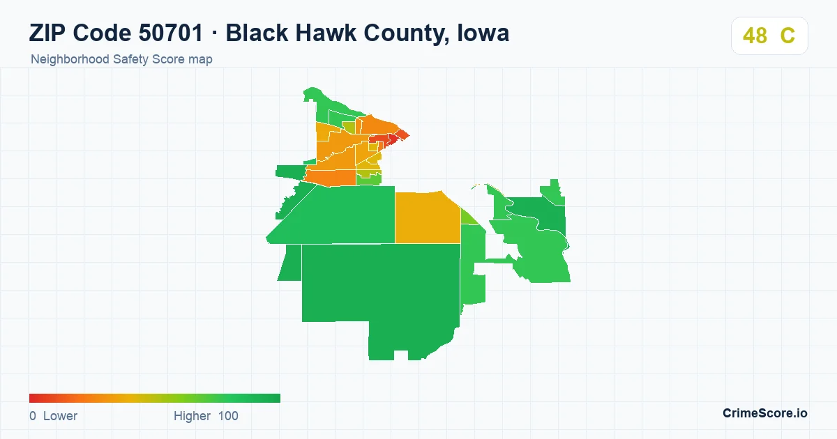 ZIP Code 50701 in Black Hawk County, Iowa neighborhood Safety Score map