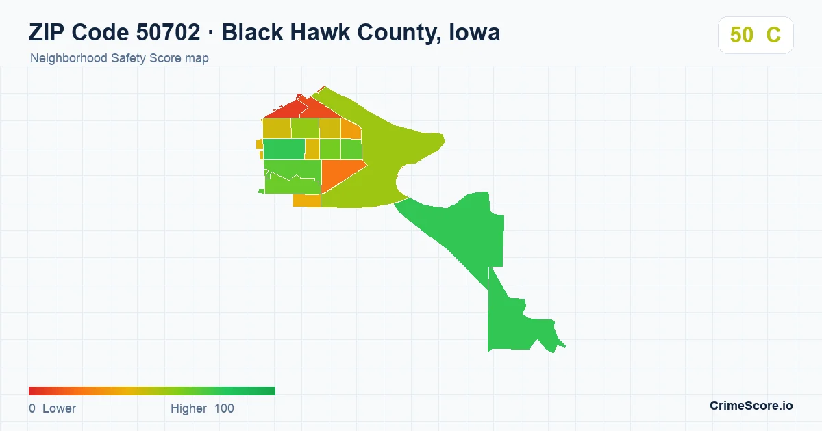 ZIP Code 50702 in Black Hawk County, Iowa neighborhood Safety Score map