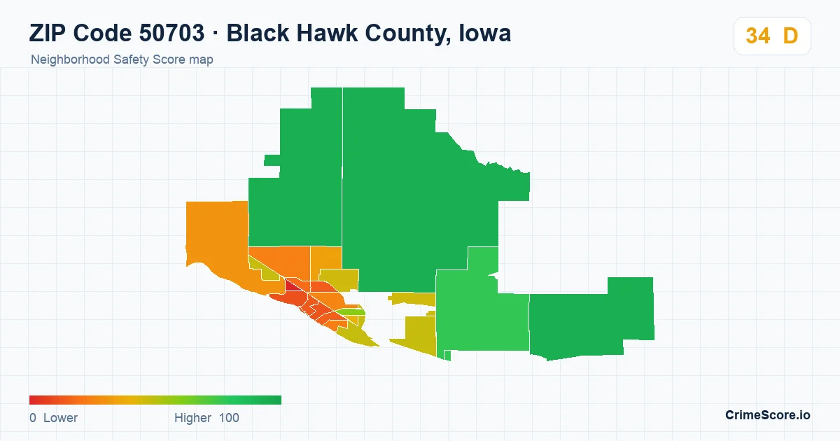 ZIP Code 50703 in Black Hawk County, Iowa neighborhood Safety Score map