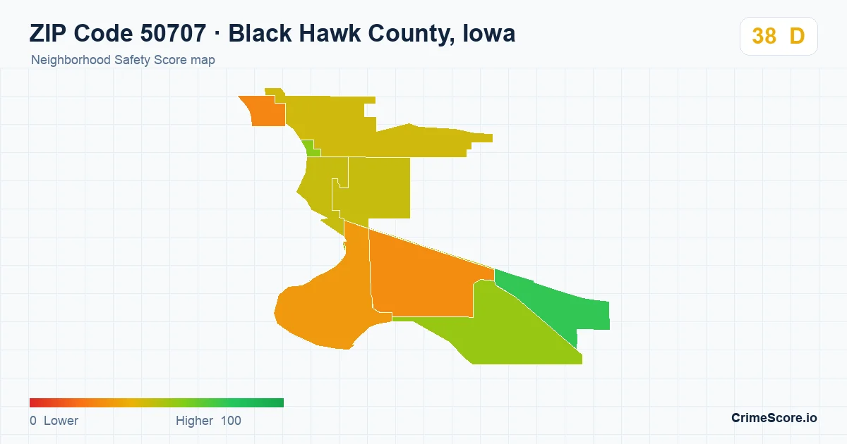 ZIP Code 50707 in Black Hawk County, Iowa neighborhood Safety Score map