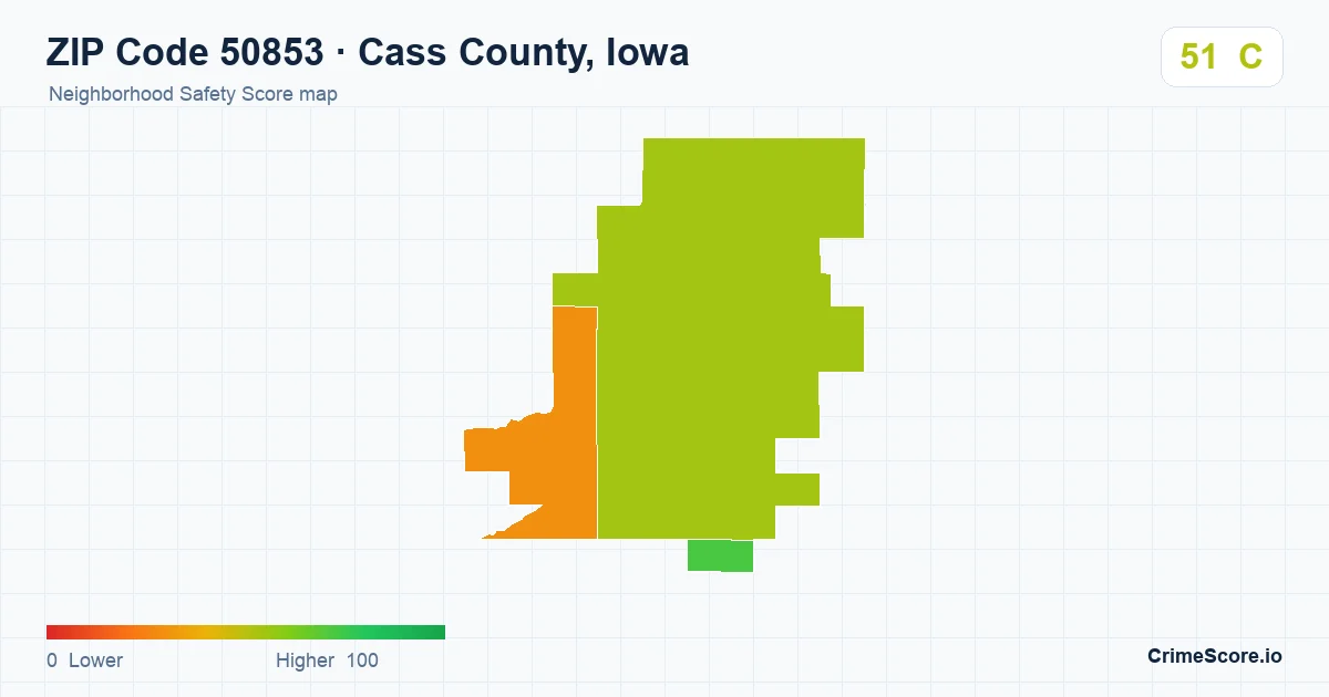ZIP Code 50853 in Cass County, Iowa neighborhood Safety Score map