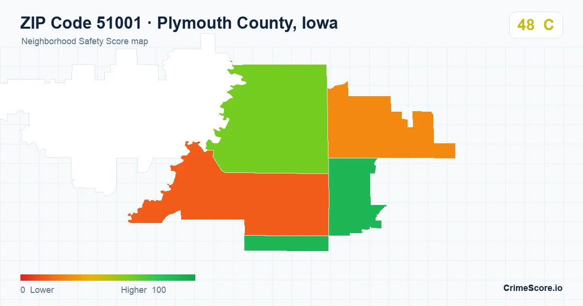 ZIP Code 51001 in Plymouth County, Iowa neighborhood Safety Score map