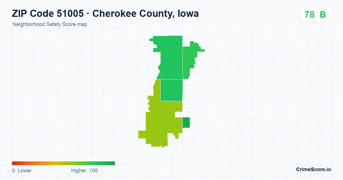 ZIP Code 51005 in Cherokee County, Iowa neighborhood Safety Score map