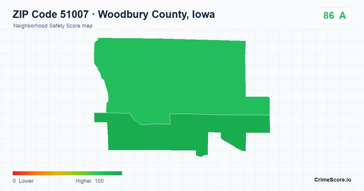 ZIP Code 51007 in Woodbury County, Iowa neighborhood Safety Score map