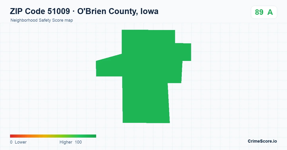 ZIP Code 51009 in O'Brien County, Iowa neighborhood Safety Score map