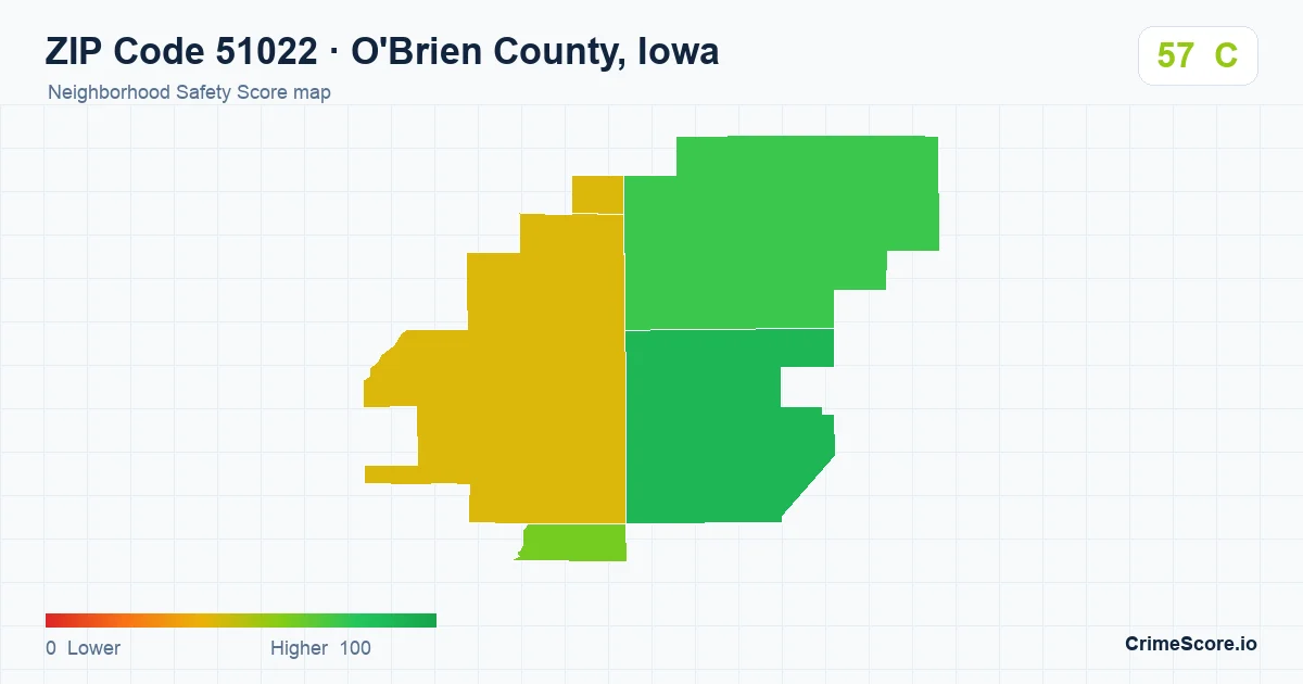 ZIP Code 51022 in O'Brien County, Iowa neighborhood Safety Score map