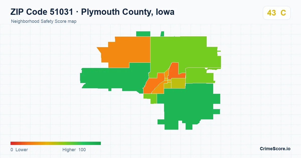 ZIP Code 51031 in Plymouth County, Iowa neighborhood Safety Score map
