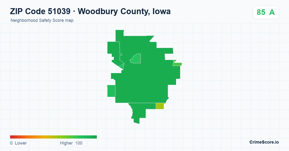 ZIP Code 51039 in Woodbury County, Iowa neighborhood Safety Score map