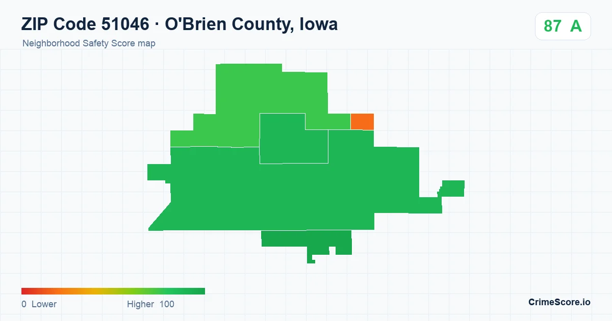 ZIP Code 51046 in O'Brien County, Iowa neighborhood Safety Score map